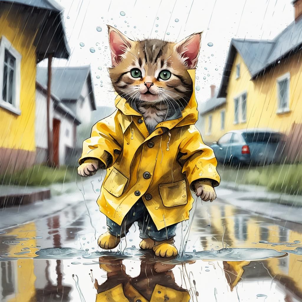 Kitten in Raincoat: Watercolor Puddle Adventure