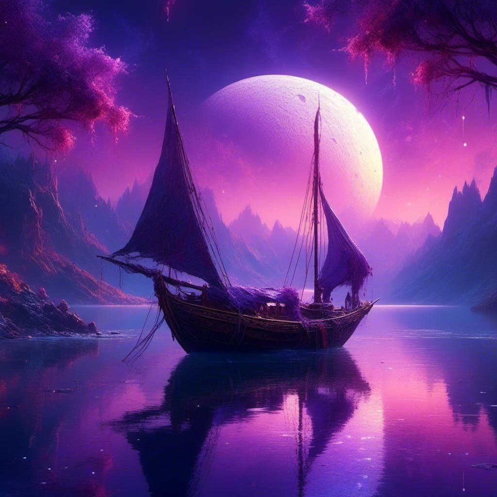 Ethereal Crescent Moon Over Lake, Fantasy Art