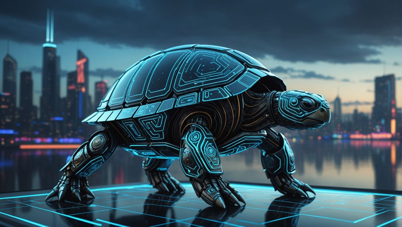 Futuristic Neon Turtle in Tron Style World