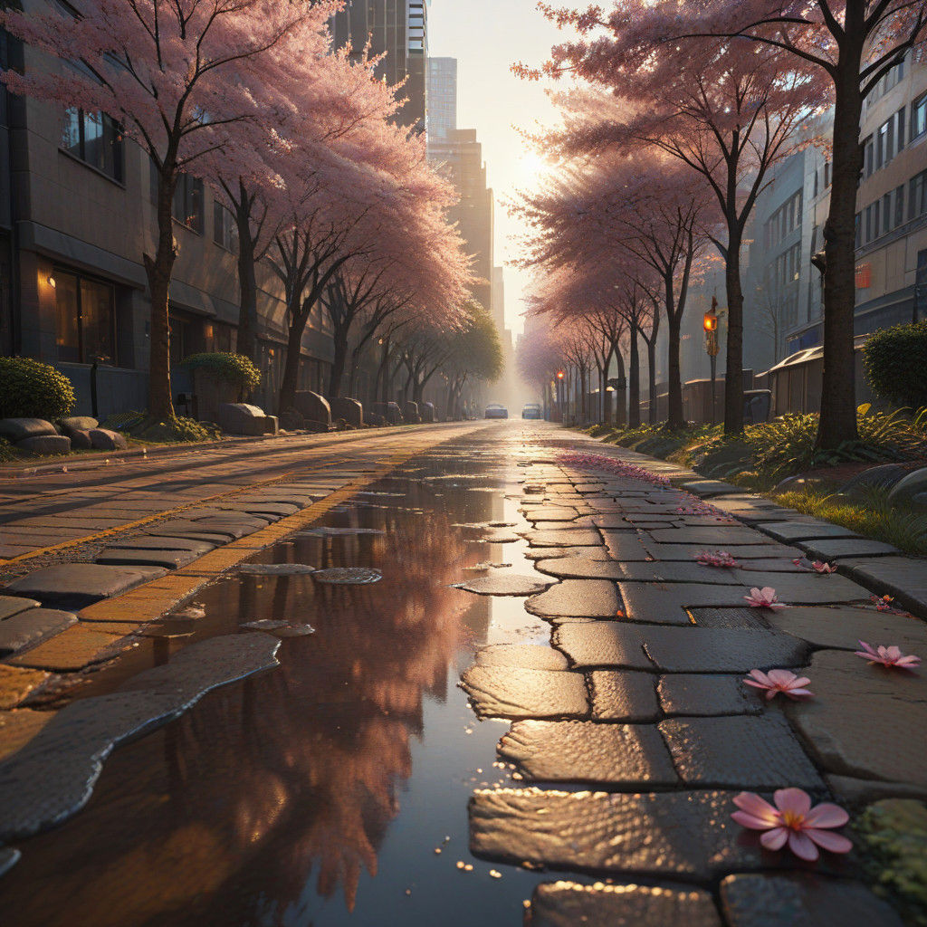 Vibrant City Sakura Blossom in Hyperrealistic Detail