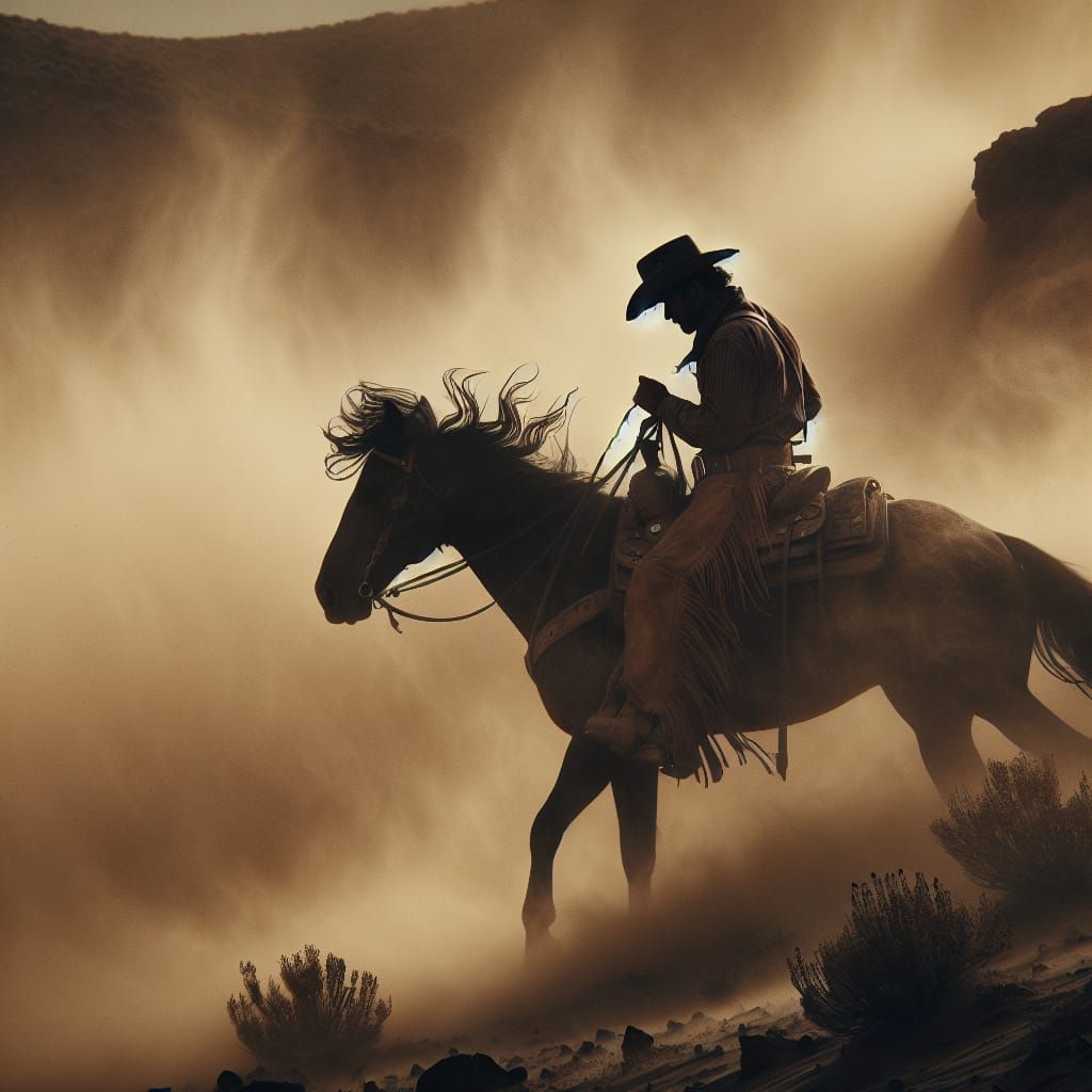 Hispanic Cowboy in Dust Storm on Horseback