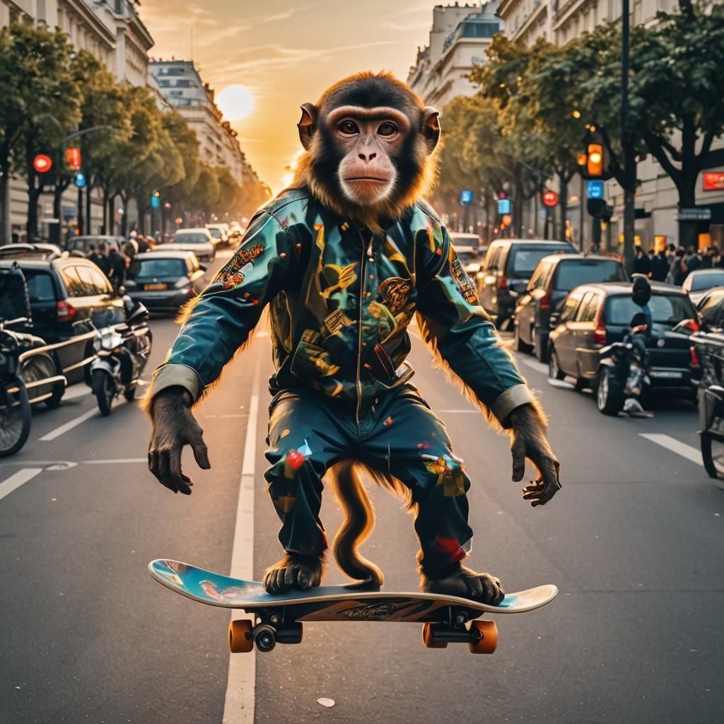 Monkey Skateboarder on Champs Elysees at Sunset
