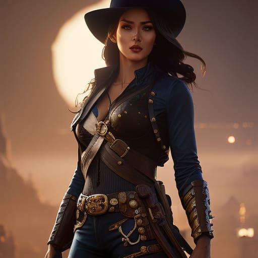 Beautiful Steampunk Cowgirl Portrait in Digital Illustration