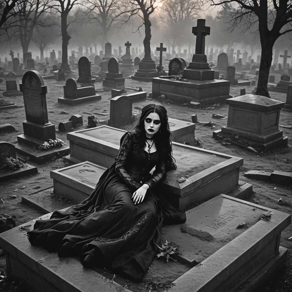 Goth Girl in Cemetery at Sunset