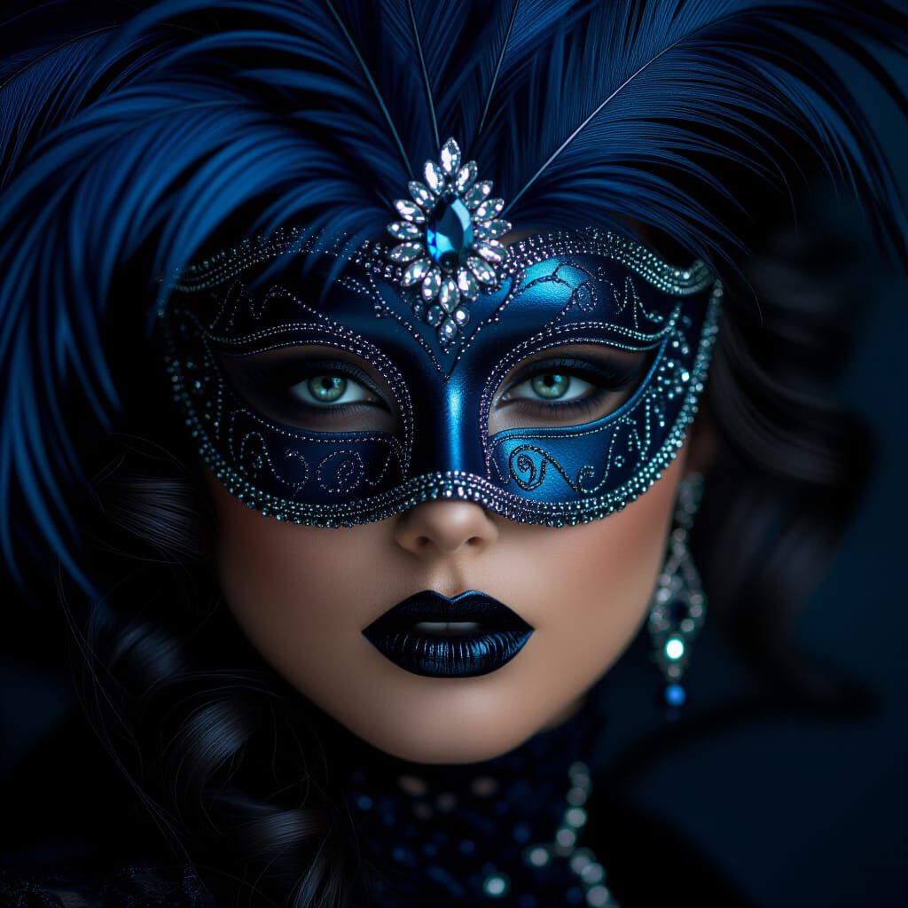Mysterious Woman in Blue Venetian Masquerade Mask