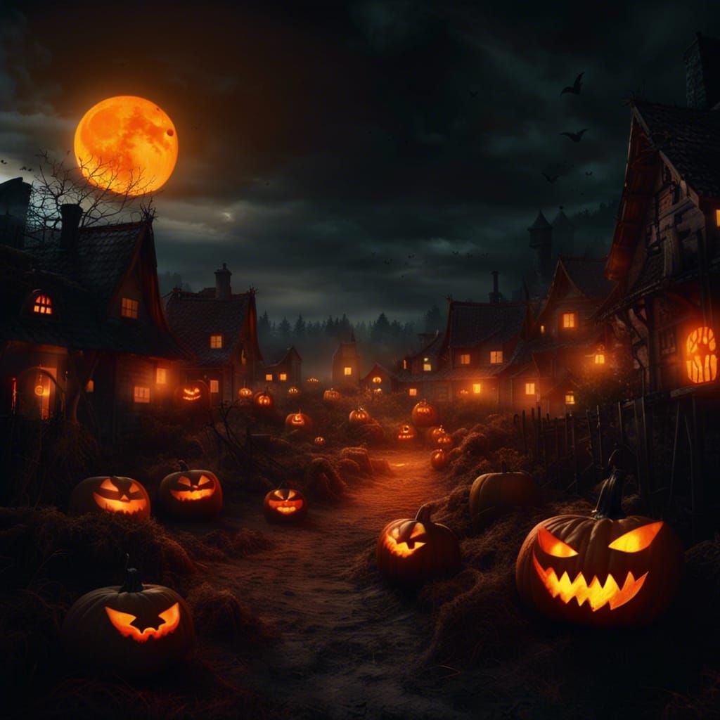 Halloween Village at Night with Orange Sun