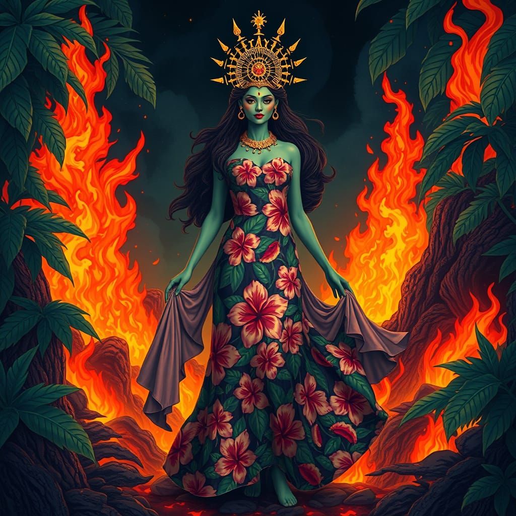 Goddess Pele in a Volcanic Dreamscape