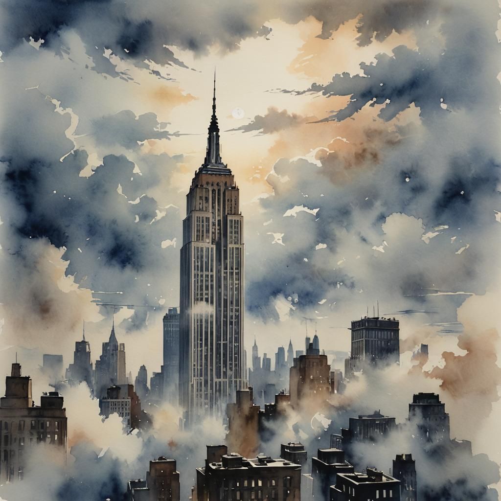 Empire State Building Watercolor Piercing Clouds