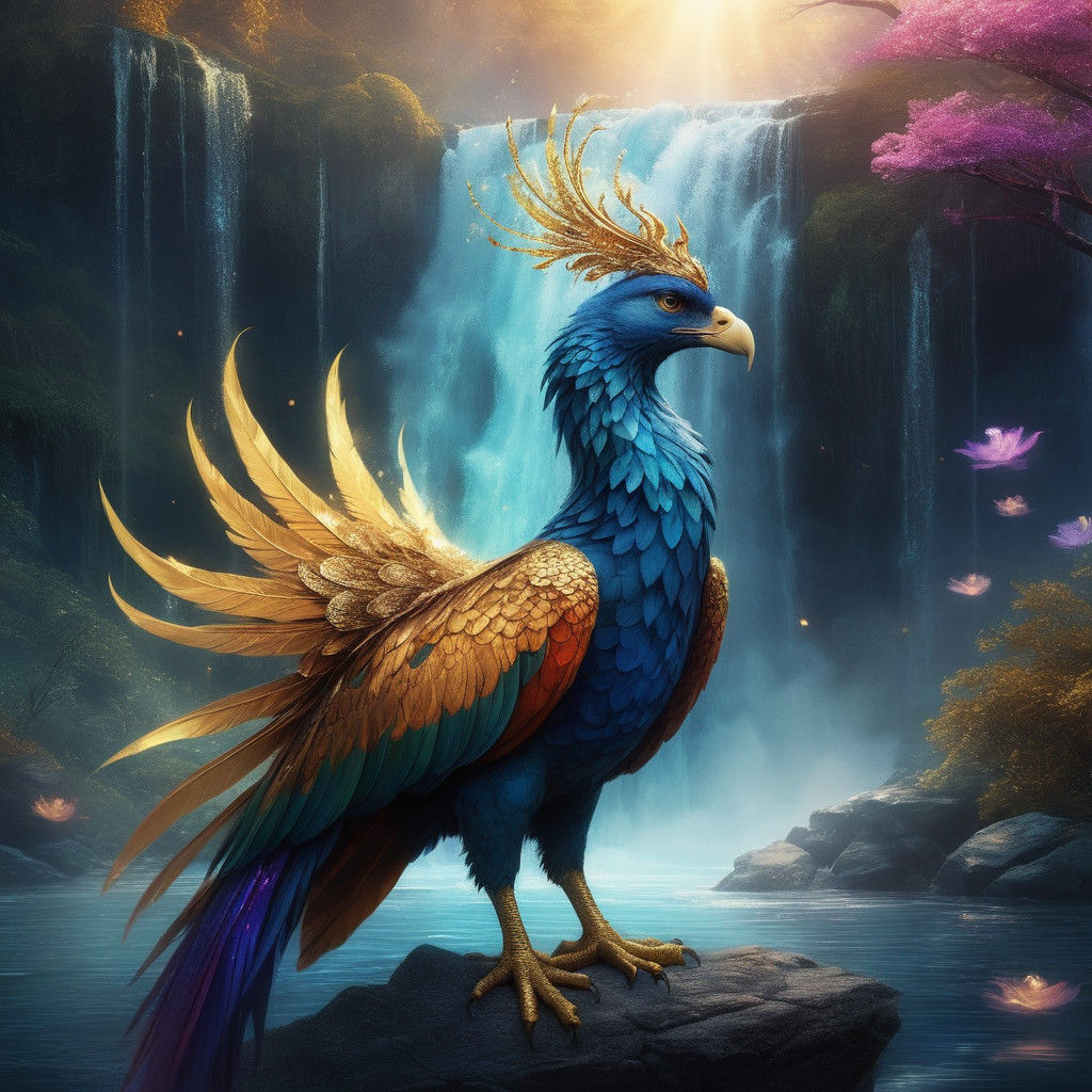 Regal Phoenix Soars by Serene Waterfall in Vibrant Fantasy S...