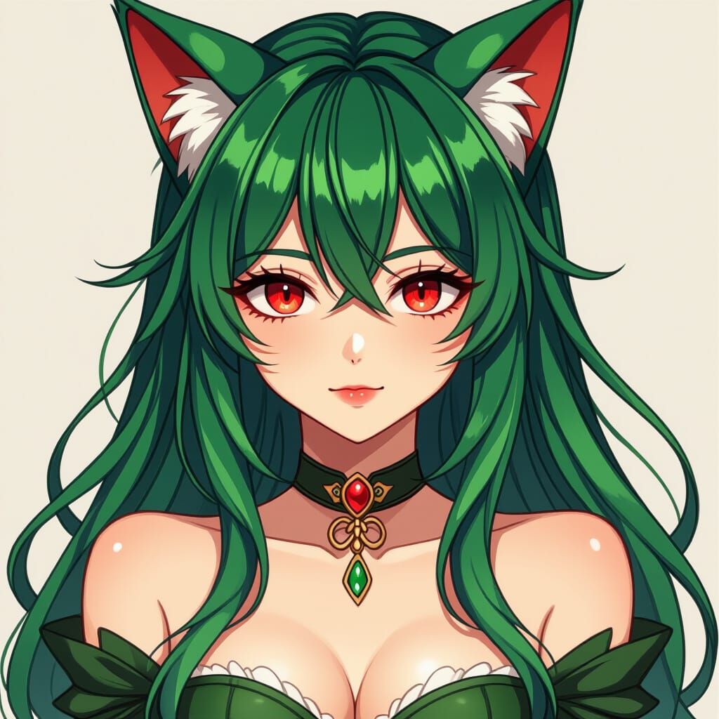 Kawaii Green Haired Cat Eared Goddess With Red Eyes