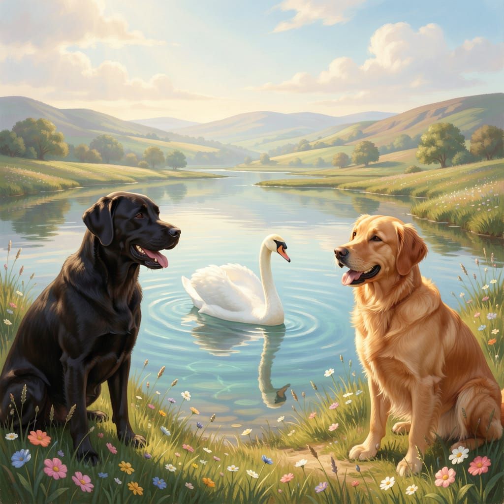Dogs Watch Swan on Lake with Wildflowers