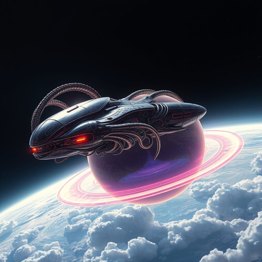 Cyberpunk Xenomorph Spaceship Over Giant Gas Planet with Hea...