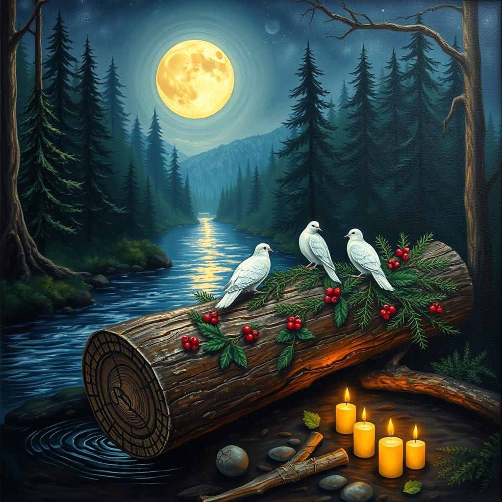 Serene Winter Forest Scene at Night with Majestic Yule Log a...