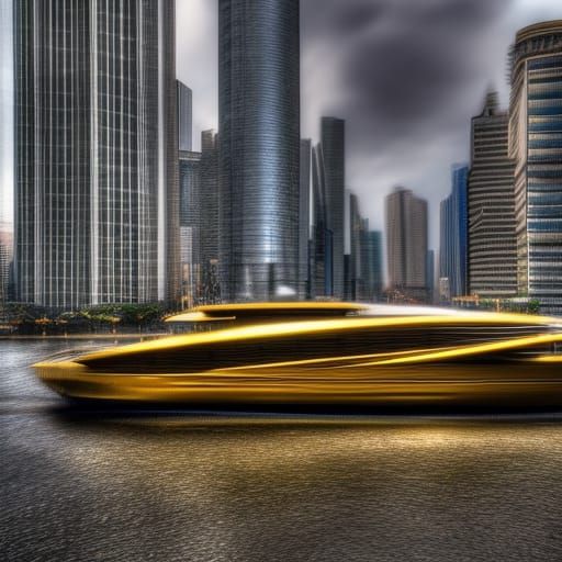 Futuristic Gold Hydrocraft Cruises Metropolis in HDR