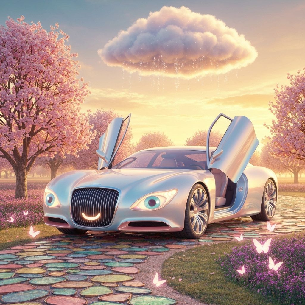 Futuristic Luxury Car in Enchanted Garden, Digital Art