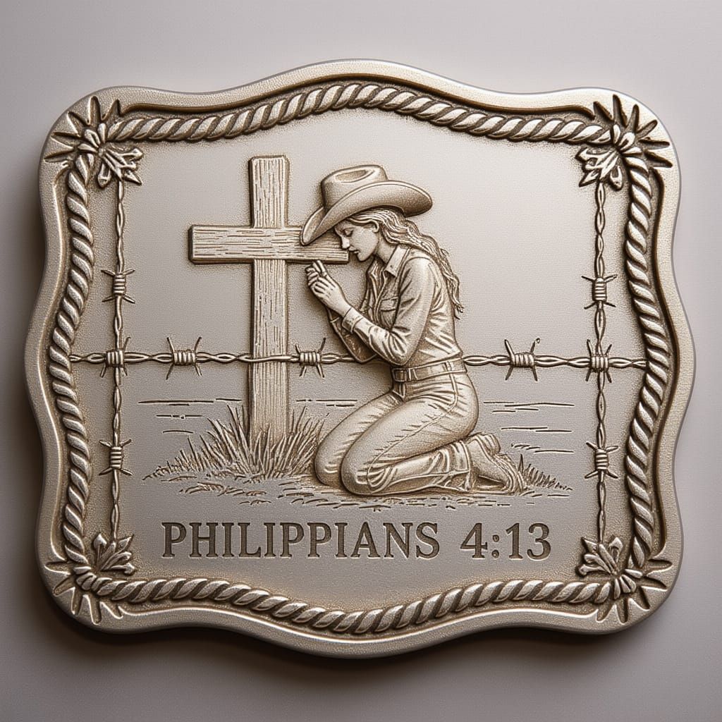 Silver Belt Buckle Engraved Cowgirl Kneeling At Cross