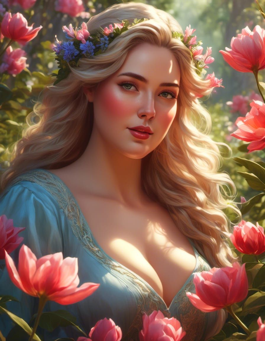 Plus-Size Elf in Spring Flower Field: Digital Art