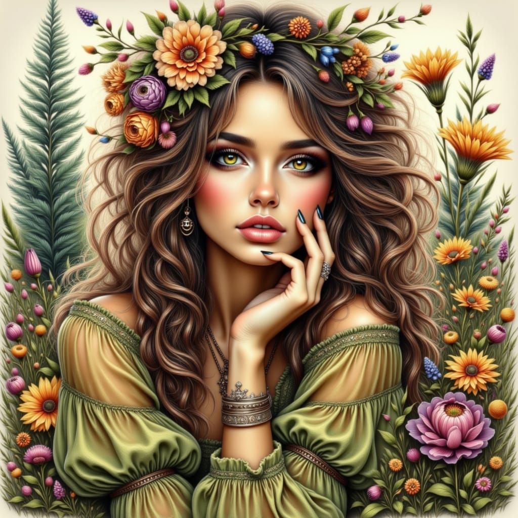 Bohemian Woman in Children's Book Illustration Style