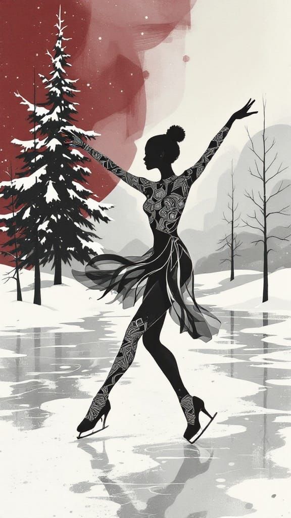 Elegant Ice Skater in Abstract Winter Wonderland