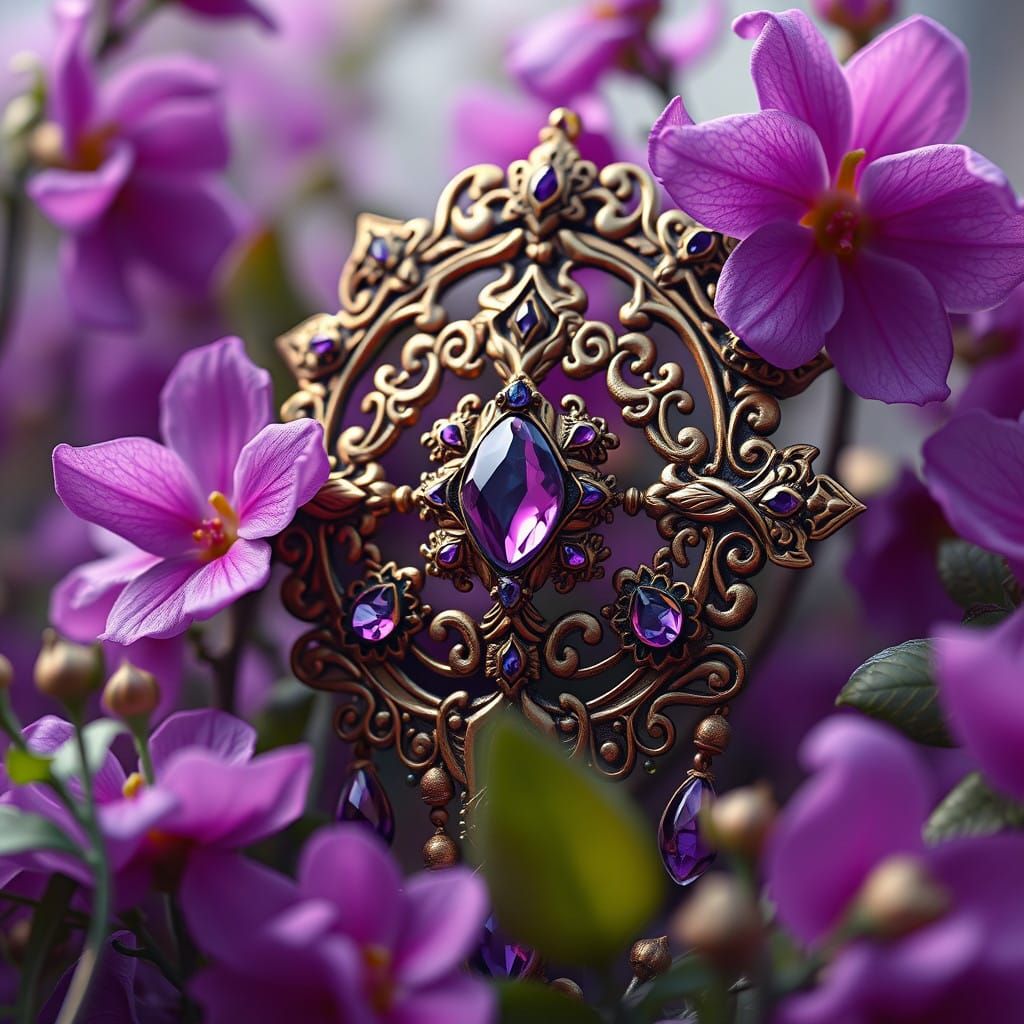 Whimsical Fantasy Jewelry with Purple Flowers in a Dreamlike...
