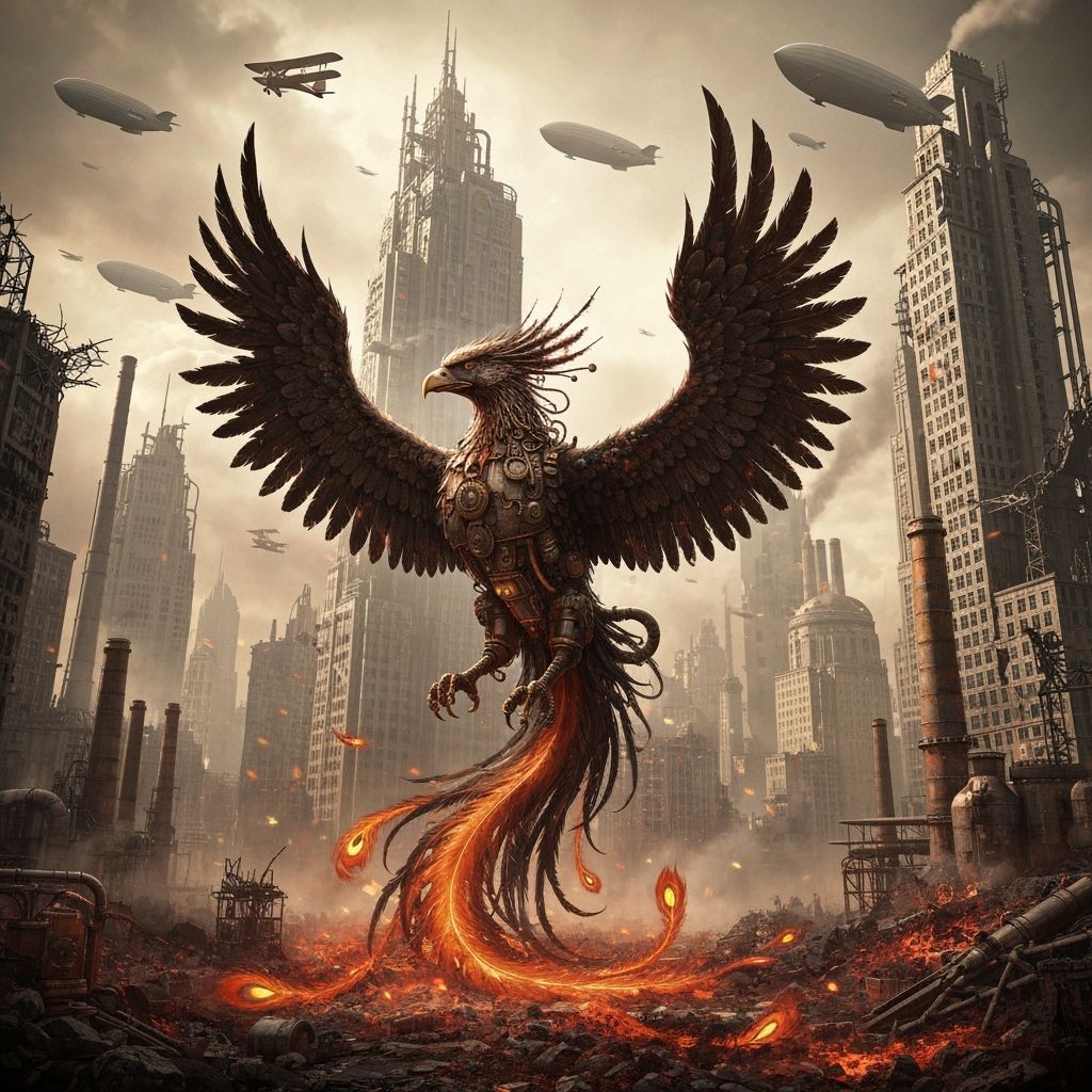 Dieselpunk Phoenix Rising From a Futuristic City