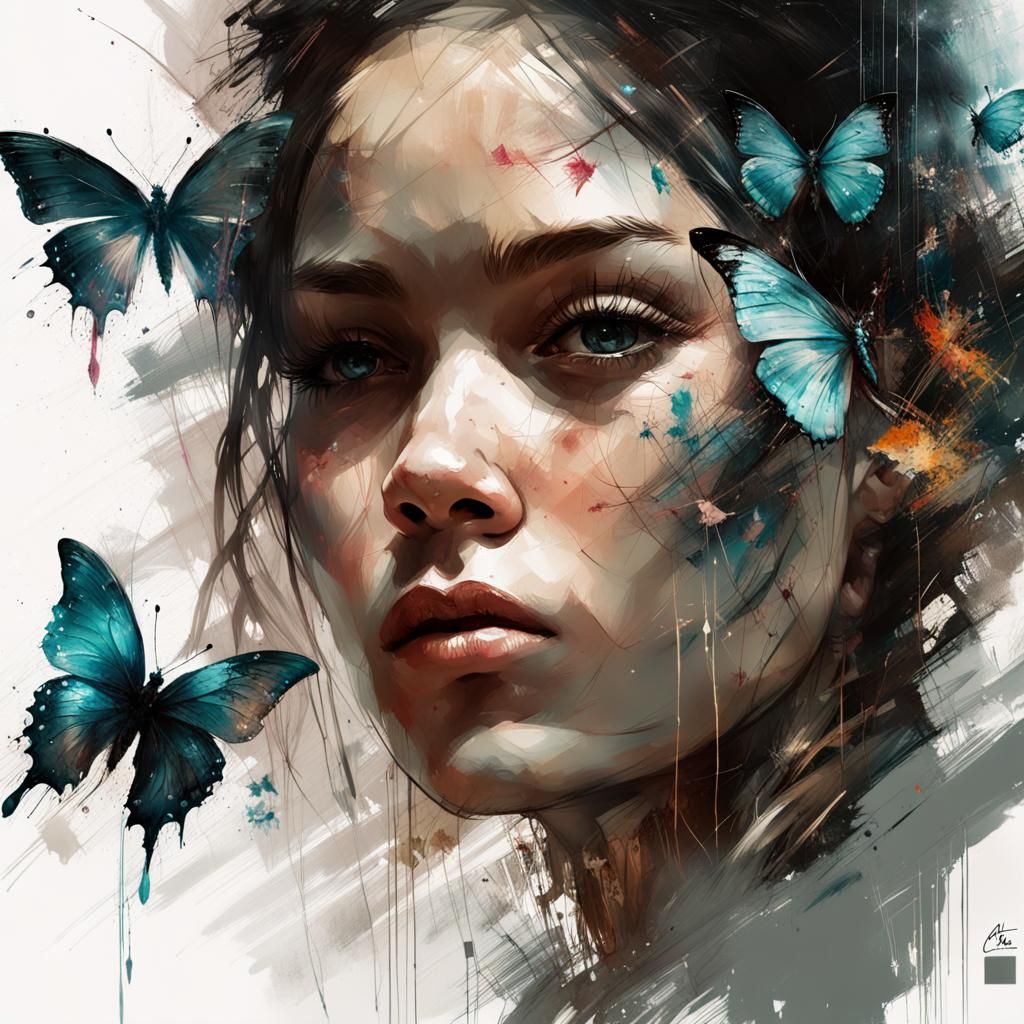 Joyful Butterfly Portrait in Digital Painting Style