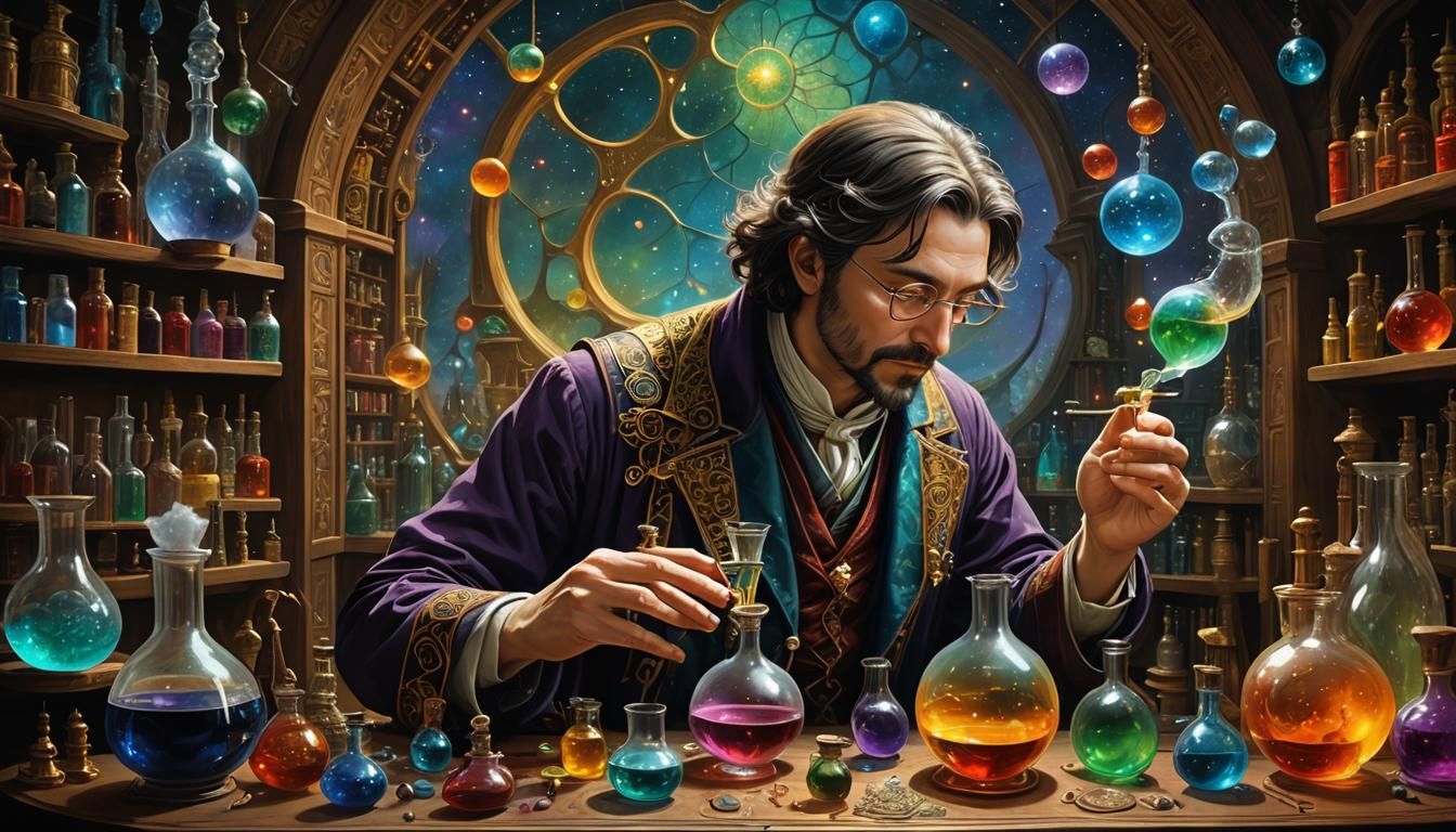Alchemist Drinks Magic Potion Near Cosmic Portal