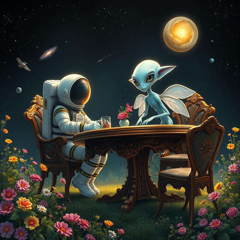 Cosmic Tea Party: Astronaut and Alien in Space