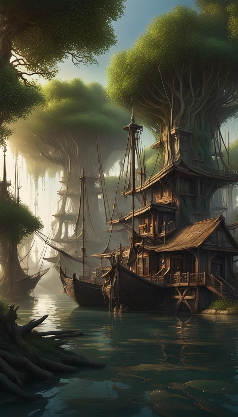 Enchanted Mangrove Forest City in Dark Fantasy Style