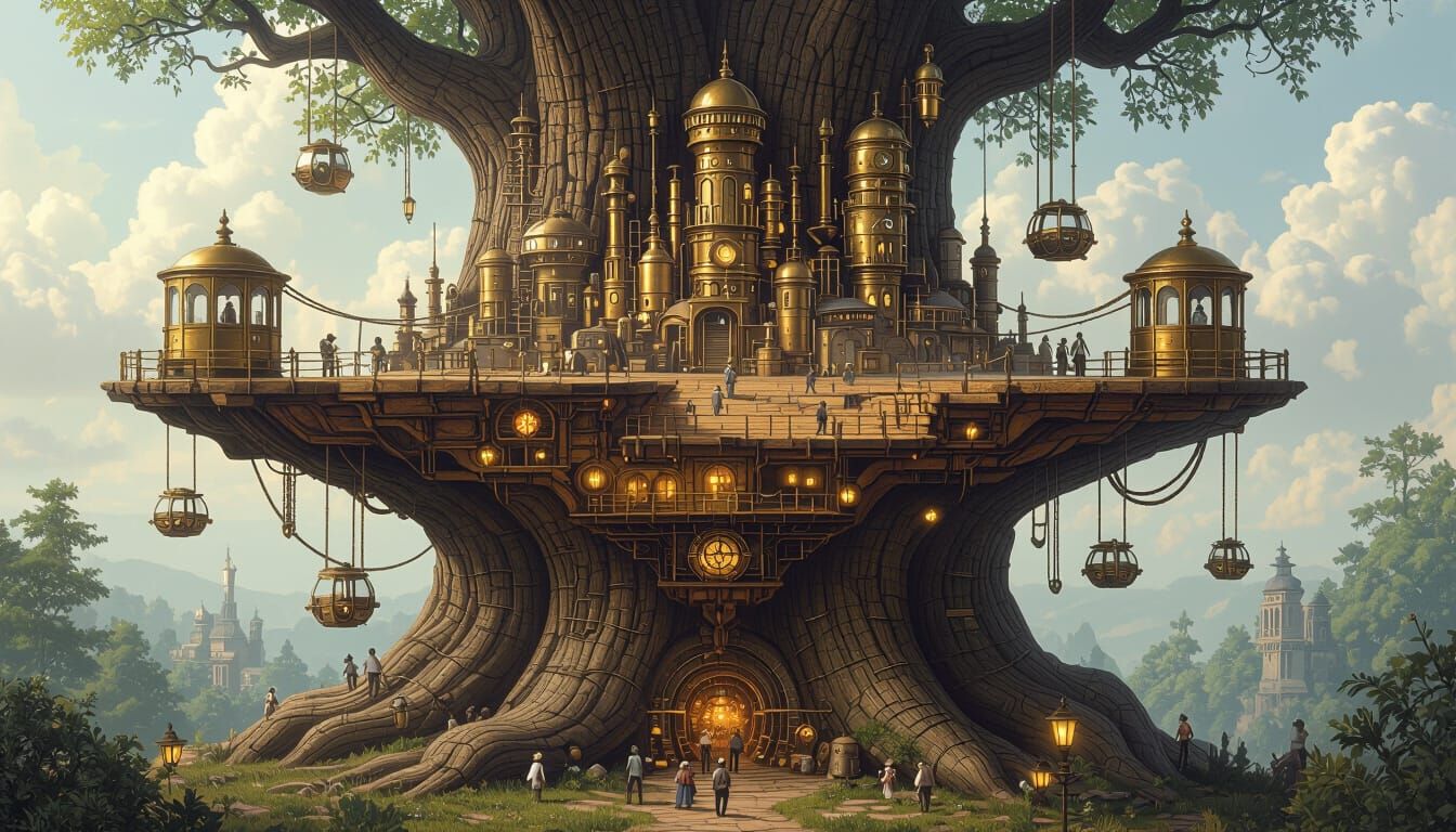 Steampunk City Inside Ancient Tree