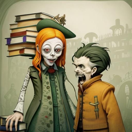 Disturbing Zombie Librarian in Art Brut Style