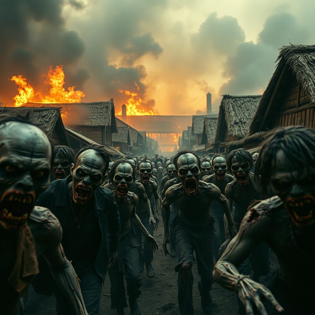 Romero-Style Zombie Horde in a Burning Village