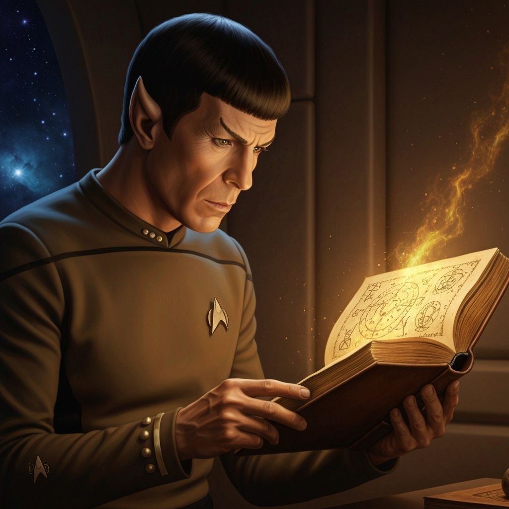 Spock Studies Ancient Book in Sci-Fi Style