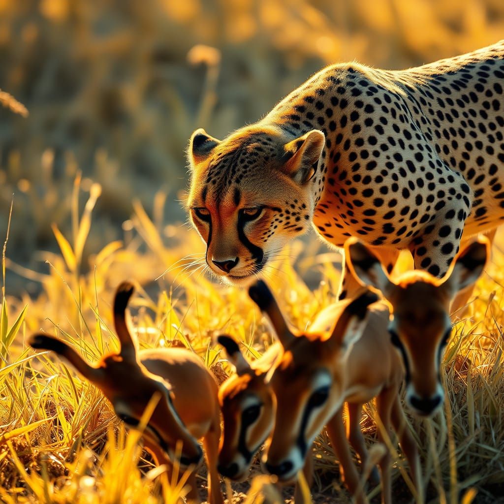 Savannah Cheetah Stalks Impalas in Golden Grasslands