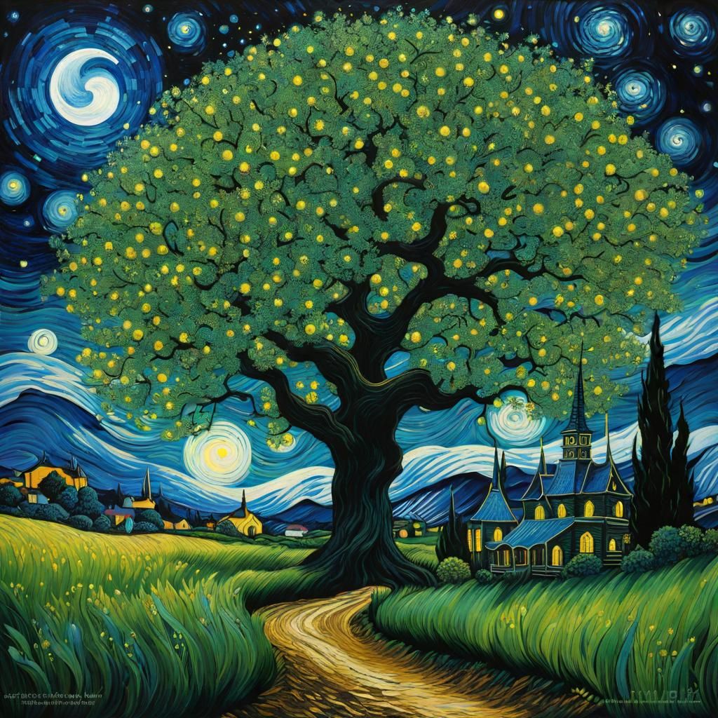 Gothic Starry Night Tea Field, Digital Art