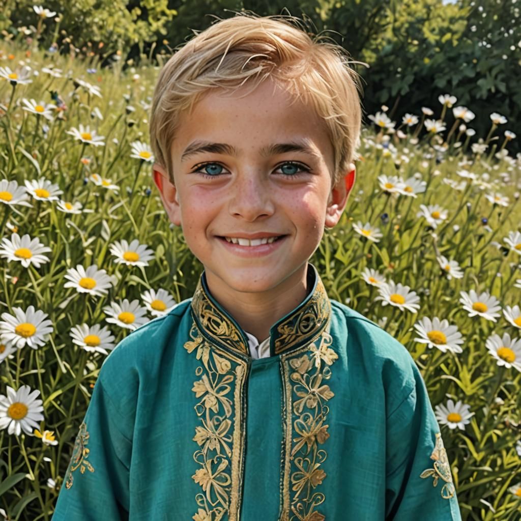 Turkish Boy in Meadow with Daisies