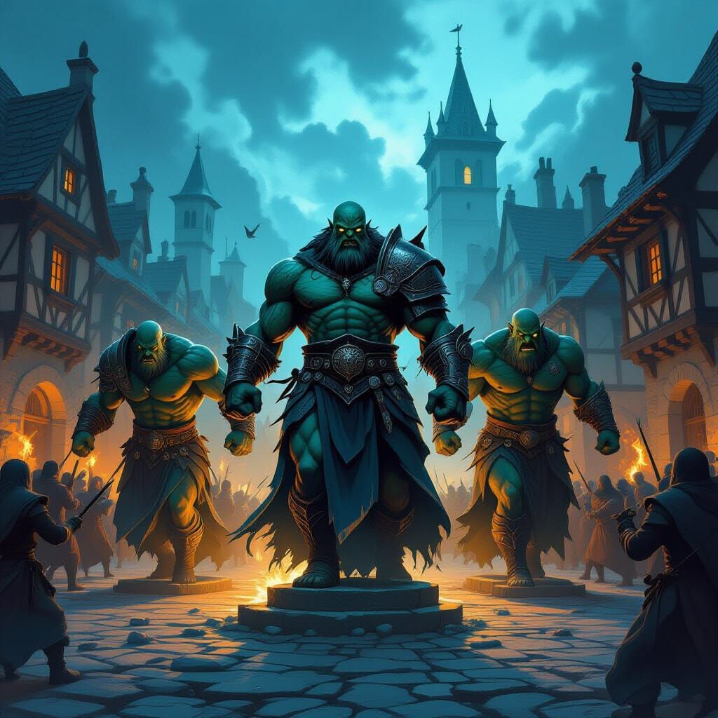 Hero Statues Animate to Defend Village from Orcs