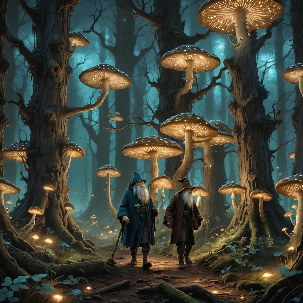 Wizards in a Forest of Glowing Mushrooms