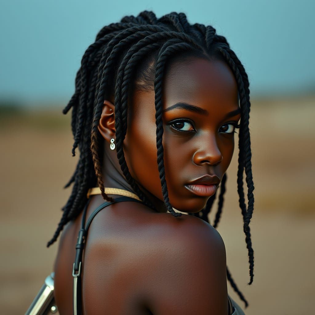 Cyborg Goddess with Braids in a Dystopian Landscape