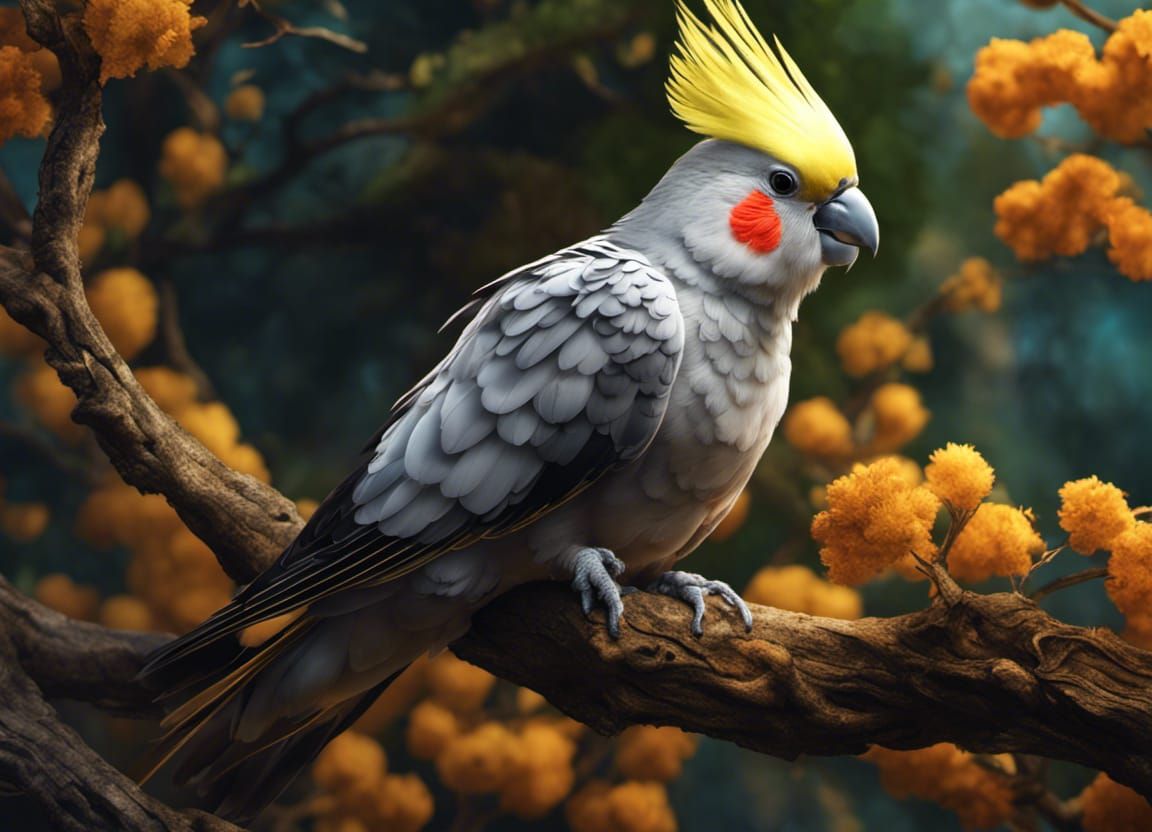 Cockatiel Portrait on Branch: Fantasy Concept Art