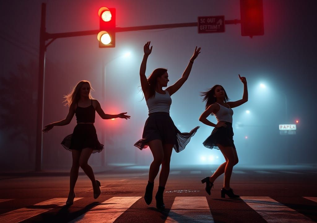 Women Dancing in Foggy Red Light