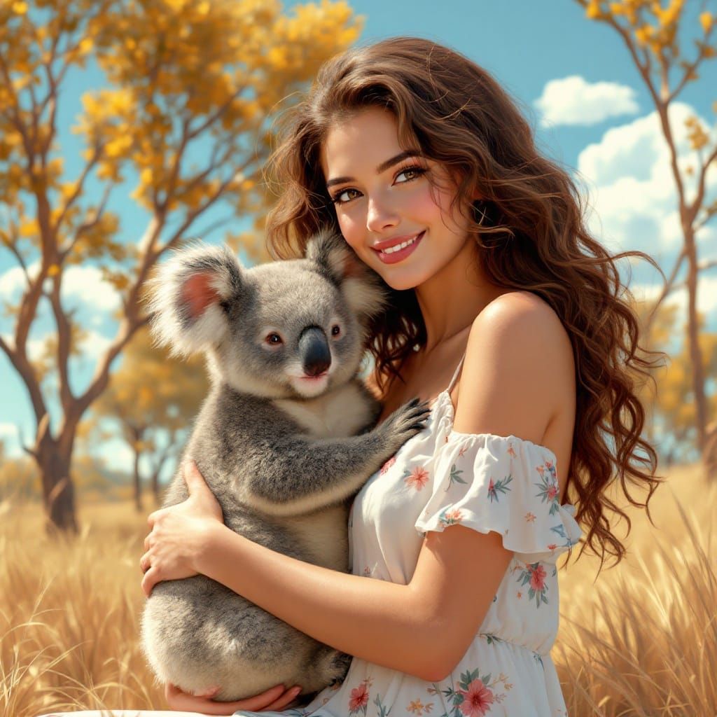 Serene Woman Snuggles Koala in Australian Outback