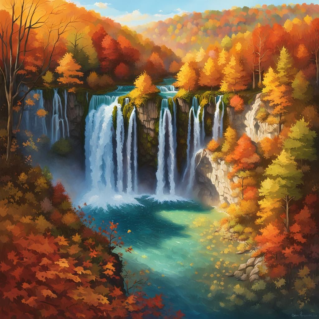 Autumn Waterfalls of Plitvice Lakes: Hyperrealistic Splash A...