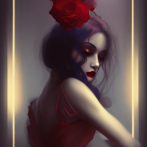 Eerie Gothic Flapper with Roses in Gold Lighting