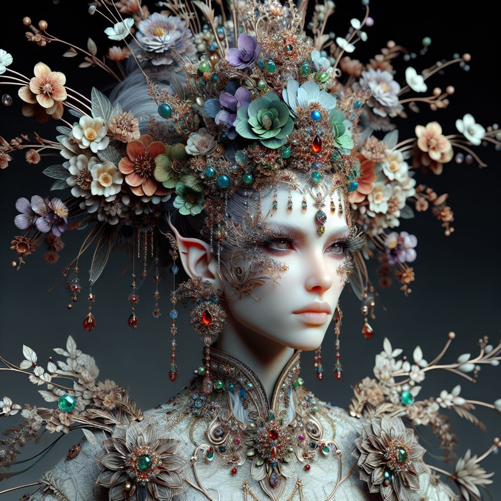 Majestic Fairy Queen with Blossoms and Gems