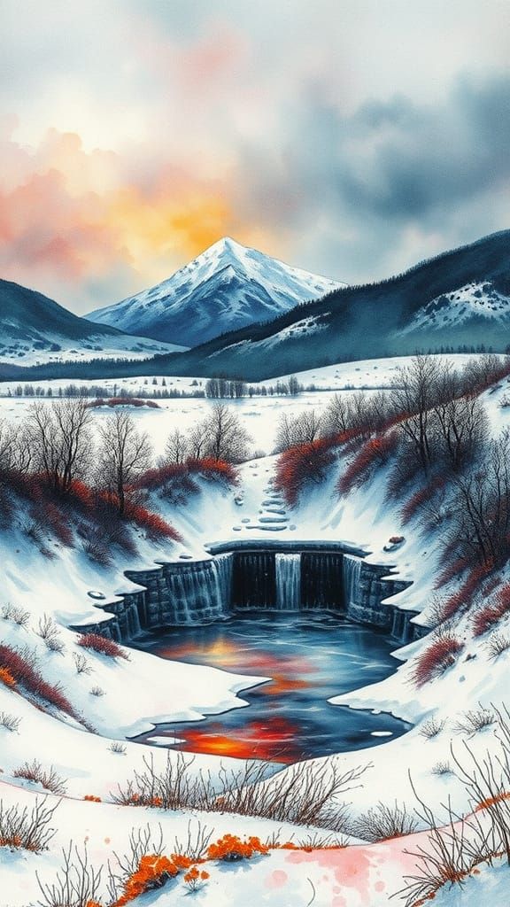 Surreal Winter Scene in Vibrant Watercolour