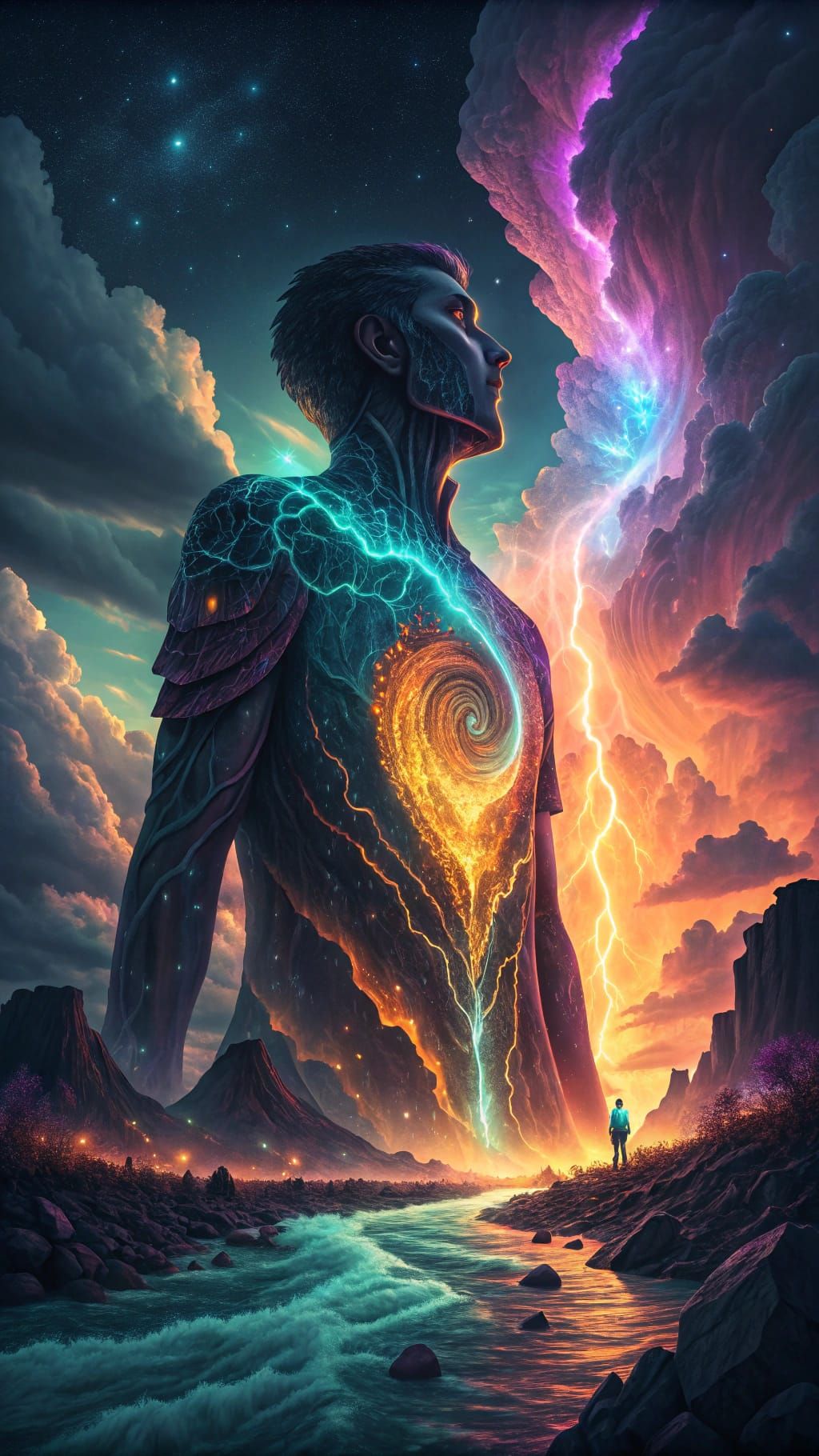 Radiant Surreal Chiaroscuro Scene with Swirling Shadows and...