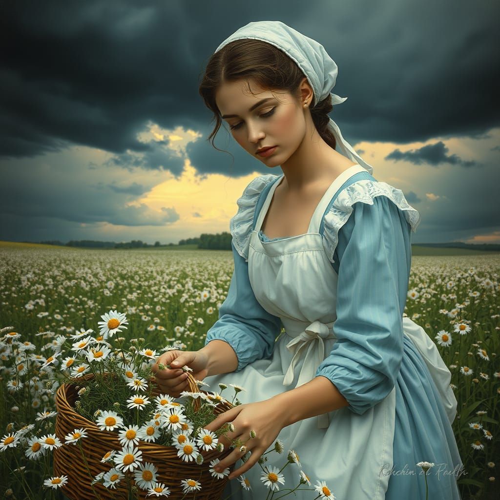 Woman Harvesting Chamomile in Fantasy Realism Style