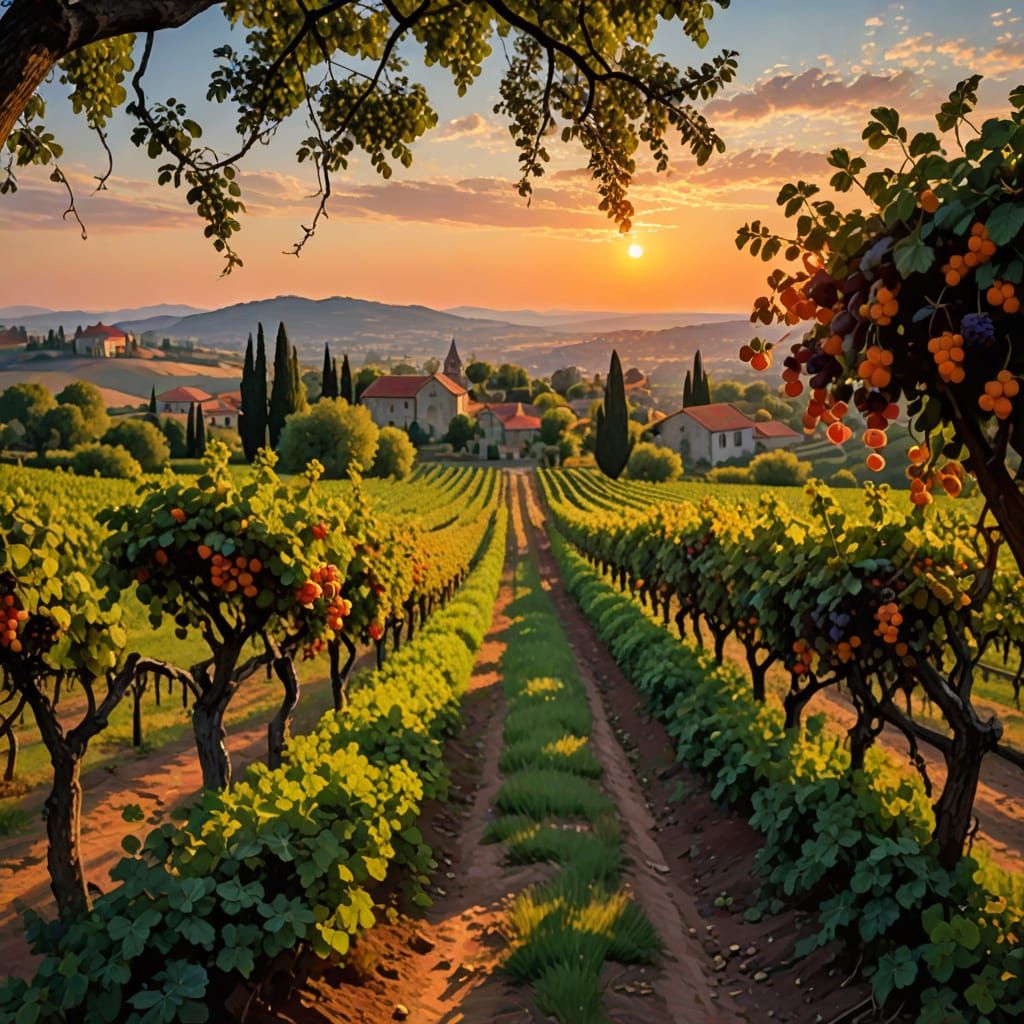 Romantic Sunset Stroll with Wine and Grapes in a Vineyard La...