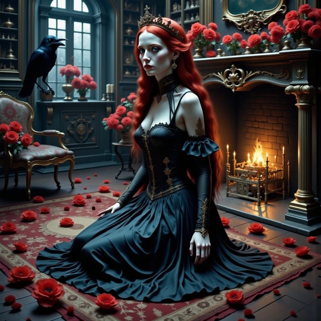 Queen of Hearts Portrait with Crow in Library